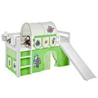 Idense White Wooden Jelle Midsleeper - Pirate Green - With slide, curtain and slats - Single