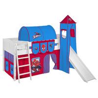 Idense White Wooden Ida Midsleeper - Spiderman - With slide, tower, curtain and slats - Continental Single