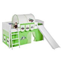 Idense White Wooden Ida Midsleeper - Tractor Green - With slide, curtain and slats - Continental Single