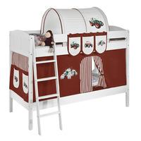 Idense White Wooden Ida Bunk Bed - Tractor Brown - With curtain and slats - Continental Single