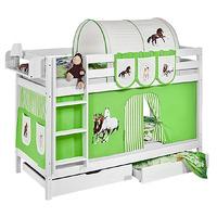 Idense White Wooden Jelle Bunk Bed - Horses Green - With curtain and slats - Continental Single