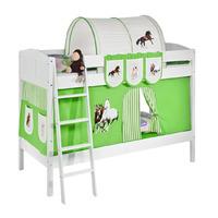 Idense White Wooden Ida Bunk Bed - Horses Green - With curtain and slats - Continental Single