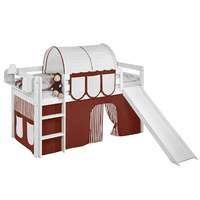 Idense White Wooden Jelle Midsleeper - Brown - With slide, curtain and slats - Continental Single