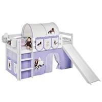 Idense White Wooden Jelle Midsleeper - Horses Lilac - With slide, curtain and slats - Continental Single