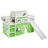 Idense White Wooden Jelle Midsleeper - Horses Green - With slide, curtain and slats - Single