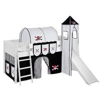 Idense White Wooden Ida Midsleeper - Pirate Black and White - With slide, tower, curtain and slats - Continental Single