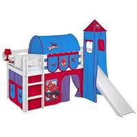 Idense White Wooden Jelle Midsleeper - Spiderman - With slide, tower, curtain and slats - Continental Single