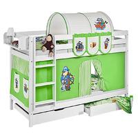 Idense White Wooden Jelle Bunk Bed - Pirate Green - With curtain and slats - Single