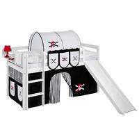 Idense White Wooden Jelle Midsleeper - Pirate Black and White - With slide, curtain and slats - Single