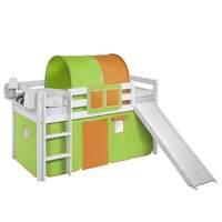 Idense White Wooden Jelle Midsleeper - Green and Orange - With slide, curtain and slats - Continental Single