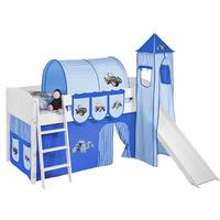 Idense White Wooden Ida Midsleeper - Tractor Blue - With slide, tower, curtain and slats - Continental Single