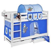 Idense White Wooden Jelle Bunk Bed - Pirate Blue - With curtain and slats - Continental Single