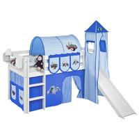 Idense White Wooden Jelle Midsleeper - Tractor Blue - With slide, tower, curtain and slats - Single