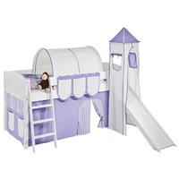 Idense White Wooden Ida Midsleeper - Lilac - With slide, tower, curtain and slats - Continental Single