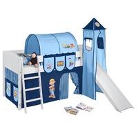 Idense White Wooden Ida Midsleeper - Bob the Builder - With slide, tower, curtain and slats - Continental Single