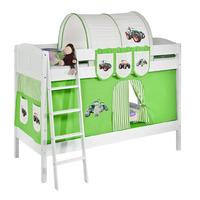 Idense White Wooden Ida Bunk Bed - Tractor Green - With curtain and slats - Continental Single