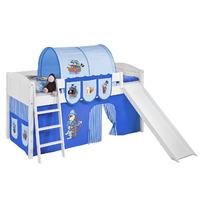 Idense White Wooden Ida Midsleeper - Pirate Blue - With slide, curtain and slats - Continental Single
