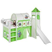 Idense White Wooden Jelle Midsleeper - Pirate Green - With slide, tower, curtain and slats - Continental Single