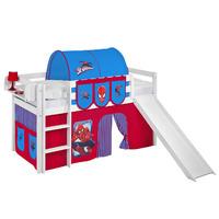 Idense White Wooden Jelle Midsleeper - Spiderman - With slide, curtain and slats - Continental Single