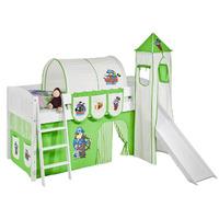 Idense White Wooden Ida Midsleeper - Pirate Green - With slide, tower, curtain and slats - Continental Single