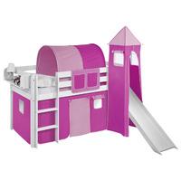 Idense White Wooden Jelle Midsleeper - Pink - With slide, tower, curtain and slats - Continental Single