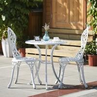 iKayaa 3PCS Modern Outdoor Patio Bistro Set Aluminum Porch Balcony Garden Table & Chairs Set Furniture Leaves Design White