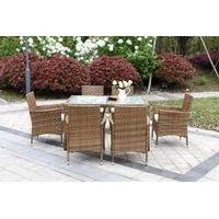 IKAYAA 7PCS Rattan Outdoor Patio Dinning Table Set Cushioned Garden Patio Furniture Set Light Brown + Coffee Cushion