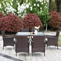 IKAYAA 7PCS Rattan Outdoor Patio Dinning Table Set Cushioned Garden Patio Furniture Set Dark Brown + Beige Cushion