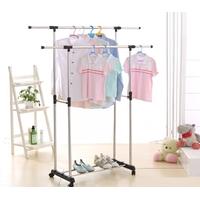 iKayaa Metal Adjustable Double Rail Clothes Garment Dress Hanging Rack Width Extendable Heavy-duty Cloth Display Stand Organizer on Wheels Shoes Rack