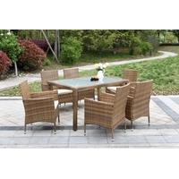 iKayaa 7PCS Rattan Outdoor Patio Dinning Table Set Cushioned Garden Patio Furniture Set Light Brown + Coffee Cushion