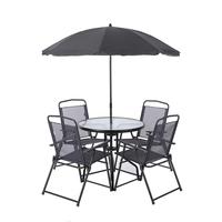 iKayaa 6PCS Outdoor Patio Dining Furniture Set W/ Tilt Umbrella Metal Garden Dining Table Chairs Folding Design