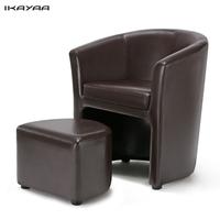 iKayaa Contemporary PU Leather Barrel Tub Chair Armchair with Ottoman Accent Club Chair Living Room Furniture W/ Rubber Wood Legs