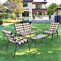 iKayaa Fashion 4 Pieces Cushioned Patio Garden Furniture Sofa Set Tea Table & Chairs Pool Outdoor Conversation Set Steel Frame