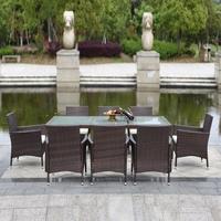 iKayaa 9PCS Rattan Outdoor Patio Dinning Table Set Cushioned Garden Patio Furniture Set Dark Brown + Beige Cushion