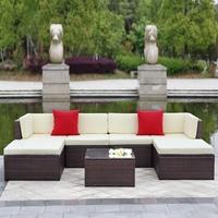 ikayaa 7pcs cushioned outdoor patio garden furniture sofa set ottoman  ...