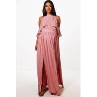 Imogen Chiffon Frill Open Shoulder Maxi Dress - dusky pink