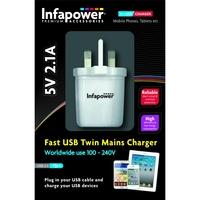 Infapower 5V 2.1A Fast USB Twin Mains Charger UK Plug