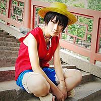 Inspired by One Piece Monkey D. Luffy Anime Cosplay Costumes Cosplay Suits Patchwork Red / Blue Sleeveless Vest / Shorts