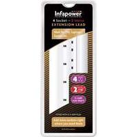 infapower 4 socket gang 2 metre extention lead white x805