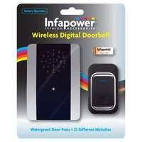 Infapower Battery Operated Wireless 85dB Digital Doorbell with 25 Different Melodies and Waterproof Door Press 100m Black/Silver (X013)