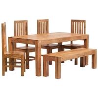 Indian Hub Toko Light Mango Large Dining Set with 1 Bench and 4 Slat Back Chairs