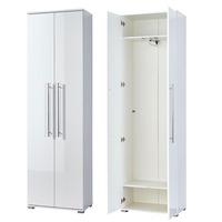 inside hallway wardrobe in white wood and gloss fronts