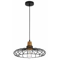 Industrial Circular Cage Black Metal and Wooden Pendant Ceiling Light