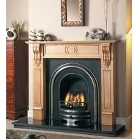 incised wooden fireplace package with royal cast iron fire insert