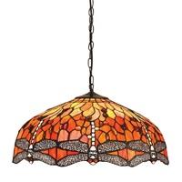 Interiors 1900 64082 Dragonfly Flame Tiffany Large 3 Light Pendant Ceiling Light In Bronze With Shade