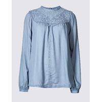 Indigo Collection Embroidered Lace Detail Long Sleeve Blouse