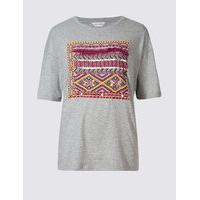 indigo collection pure cotton tassel embroidered t shirt
