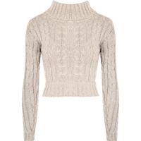 Indie Chunky Cable Knitted Turtleneck Cropped Jumper - Stone