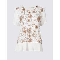 Indigo Collection Floral Embroidered Short Sleeve Shell Top