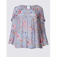 Indigo Collection Floral Print Ruffle 3/4 Sleeve Blouse